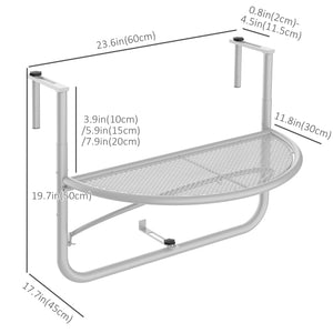 Adjustable metal balcony table, half-round serving table, white