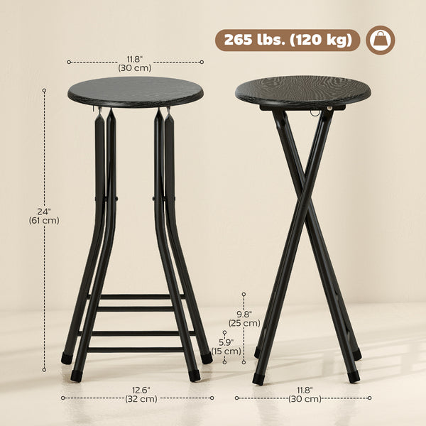 Set of 2 counter height folding bar stools with footrests and steel legs, black