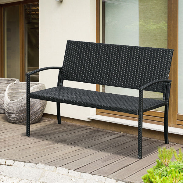 Two-seater garden bench in hand-woven rattan, black