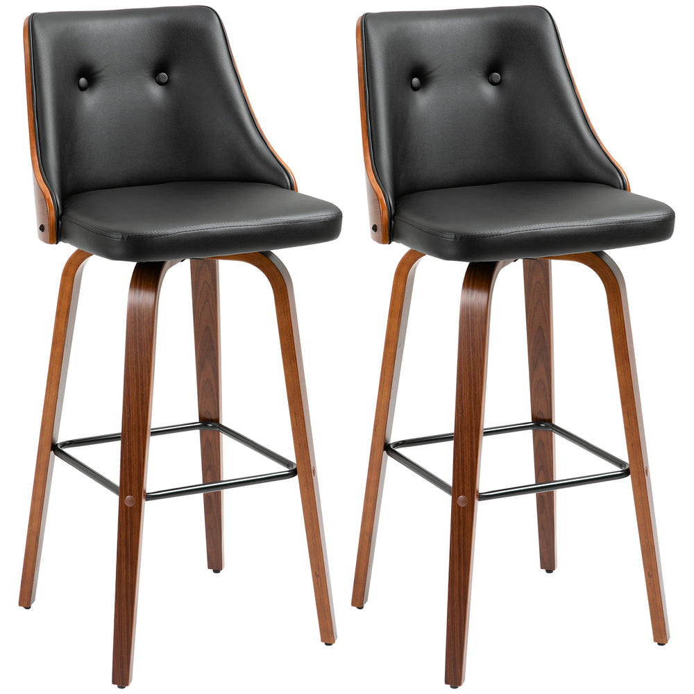 Set of 2 bar stools upholstered in faux leather with solid wood legs