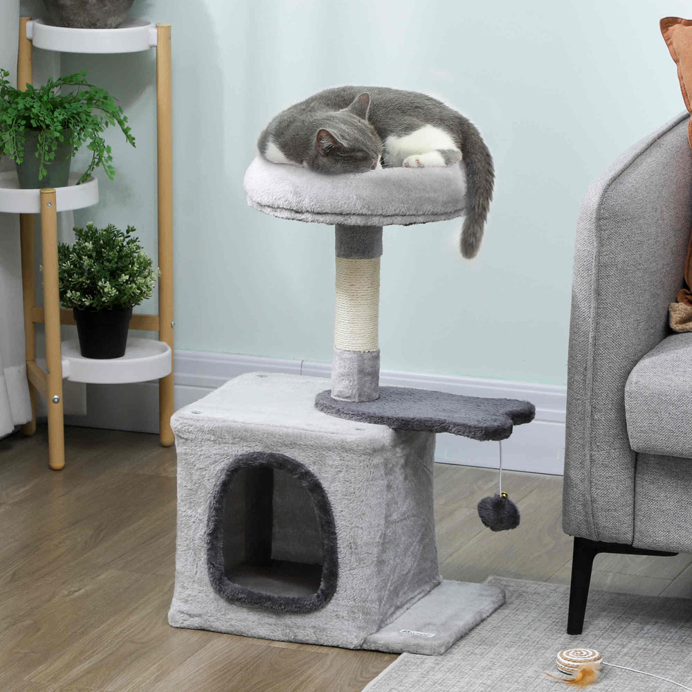 71 cm cat tree with soft bed, comfortable den, scratching post and hanging ball, light grey