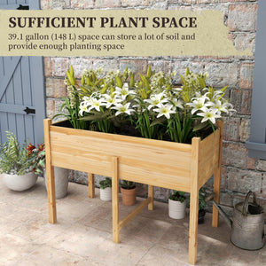 Raised wooden planter with drainage holes for vegetables, natural