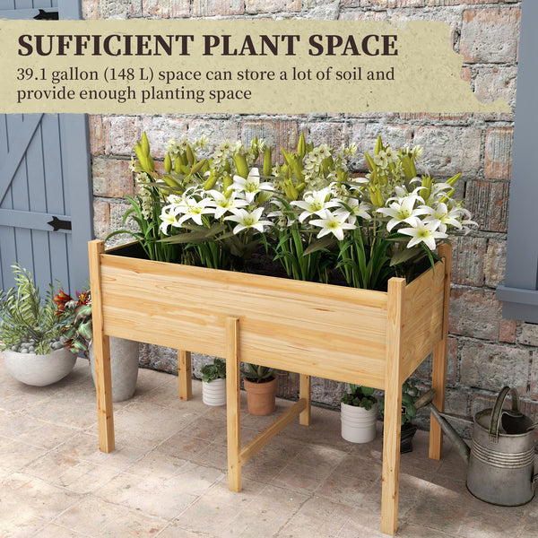 Raised wooden planter with drainage holes for vegetables, natural