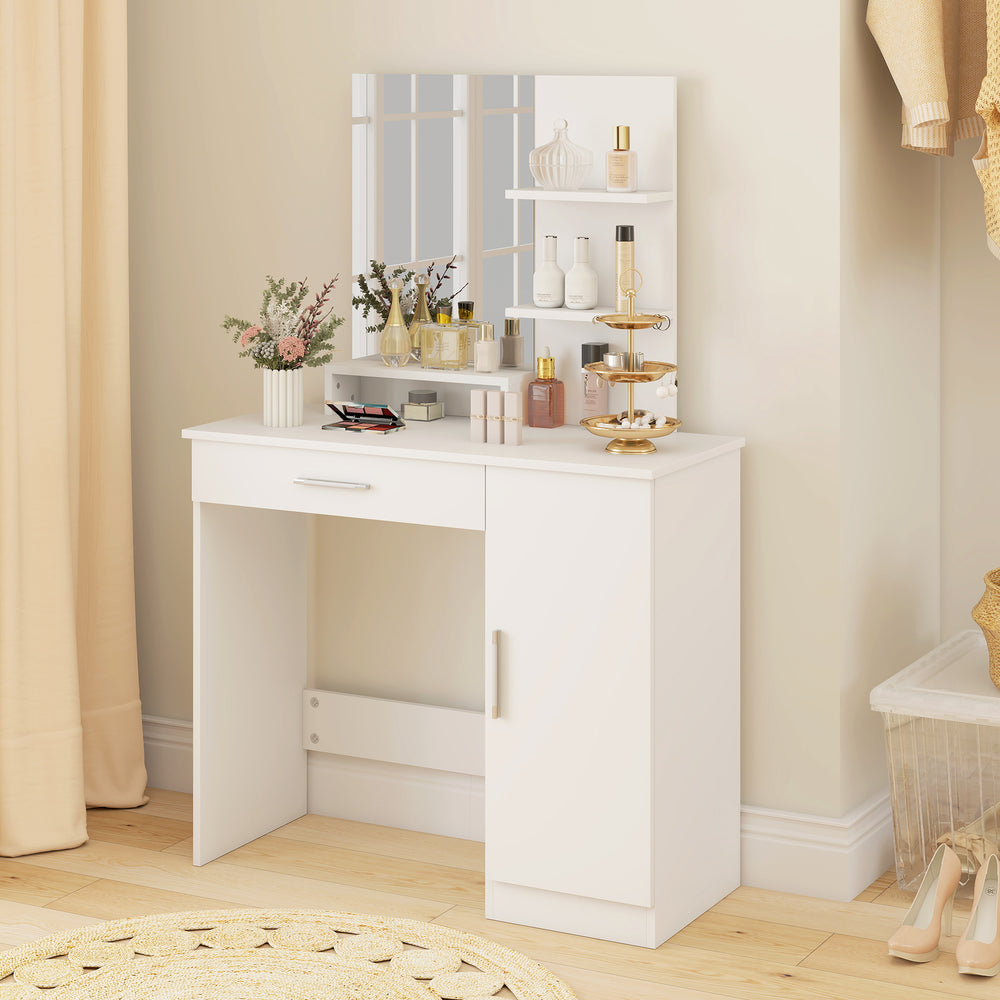 Dressing table with mirror, makeup cabinet with drawer, adjustable shelves