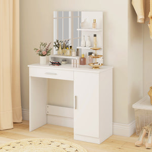 Dressing table with mirror, makeup cabinet with drawer, adjustable shelves