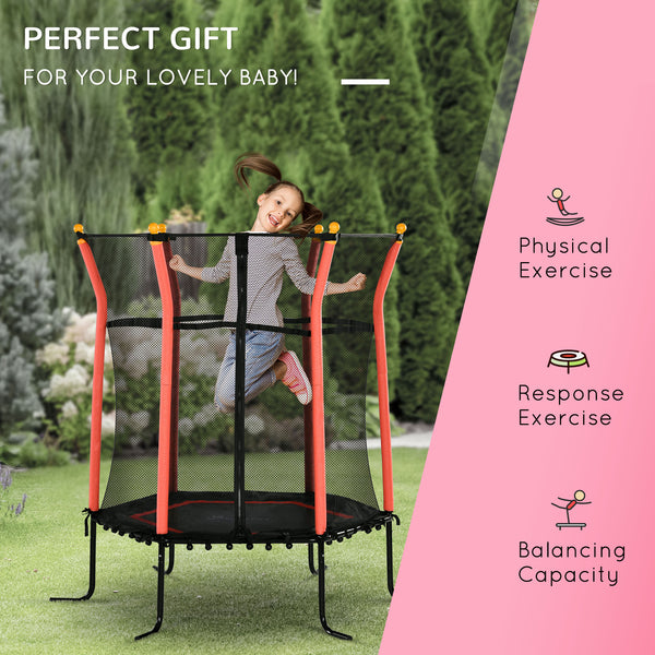 64" Kids Trampoline, Indoor/Outdoor, with Enclosure Net, Thick Padded Elastic Pole, Gift for 3-10 Year Olds, Red 