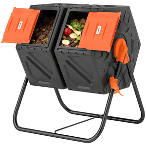 Rotating double-compartment composter with 24 ventilation holes and steel legs, 130 litres, orange