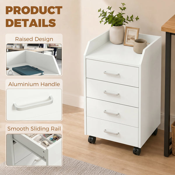 4-drawer mobile file cabinet with casters and brakes – White