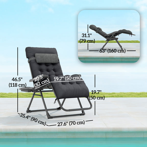 Fauteuil inclinable pliant rembourré avec porte-gobelet, dossier réglable, coussin amovible, noir