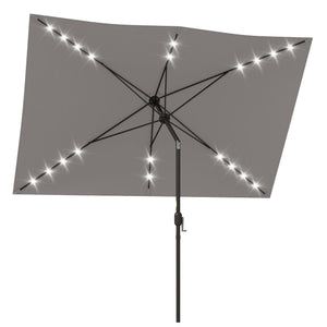 9.7-foot aluminum parasol with solar LED lighting and crank handle, light gray