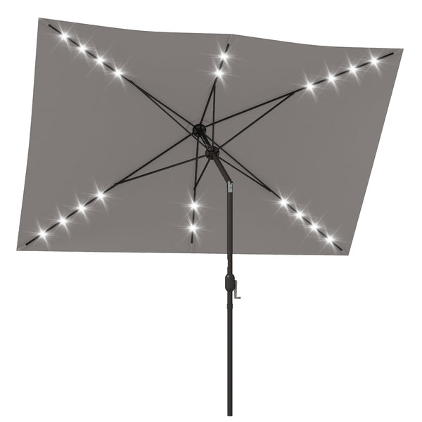 9.7-foot aluminum parasol with solar LED lighting and crank handle, light gray