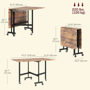 Folding drop-leaf dining table on casters for 6 people – Rustic brown and black