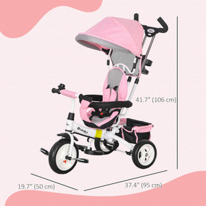 6 in 1 Tricycle with Basket, Canopy, 5-Point Safety Harness, Pink