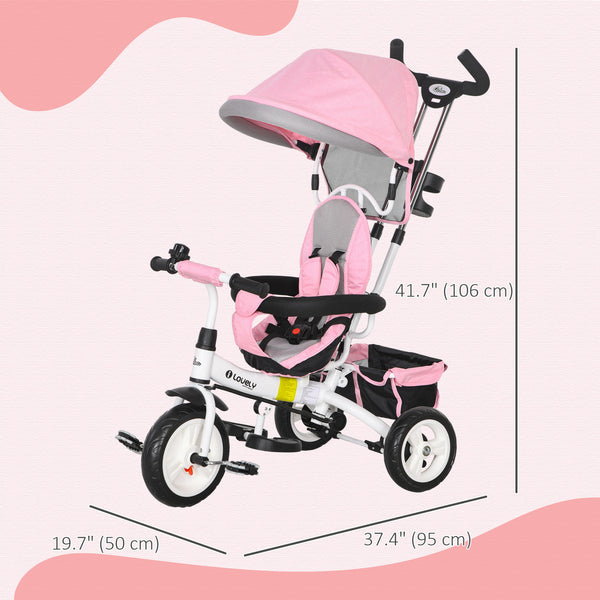 6 in 1 Tricycle with Basket, Canopy, 5-Point Safety Harness, Pink
