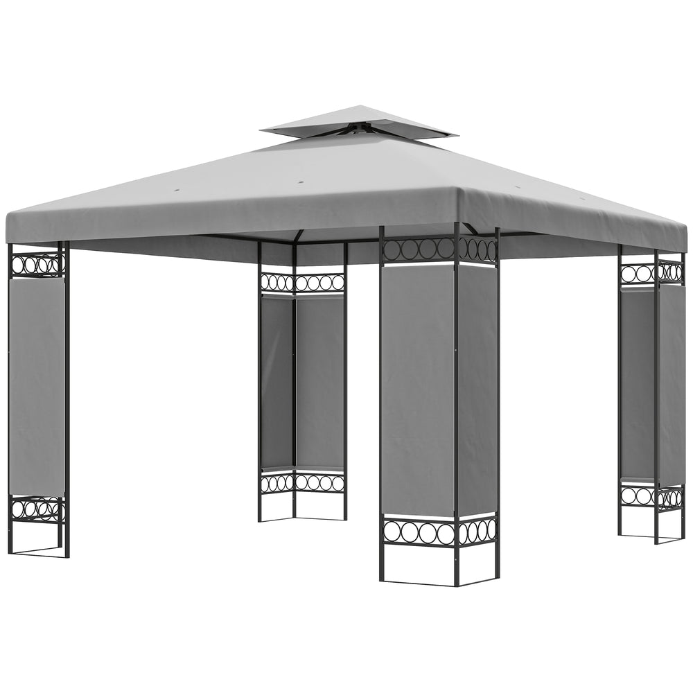 10 x 10 FT Canopy Gazebo, Double Roof Patio Gazebo with Screen Panels and Metal Frame for Deck, Backyard, Light Grey