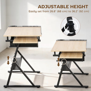 Adjustable Drafting Table with Stool and Storage Drawers for Painting, Oak