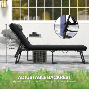 Folding lounge chair with 4-level reclining backrest and cushion, black