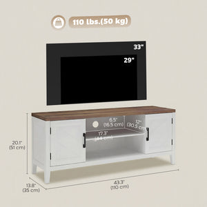 TV stand for up to 55-inch TVs with 2 open shelves, 2 cupboards, thick top, white and brown
