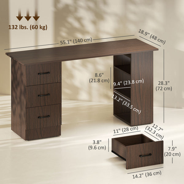 Computer desk with 3 shelves and 3 reversible drawers, walnut