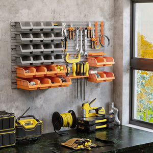 44-piece wall storage kit with storage bins, pegboard and hooks, plastic garage organizer, orange