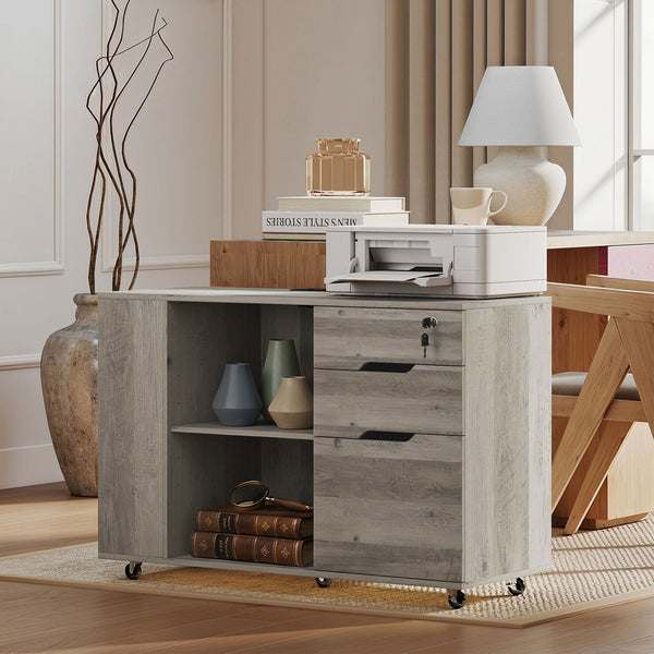 Mobile filing cabinet with charging station, 3 drawers and file storage, light gray
