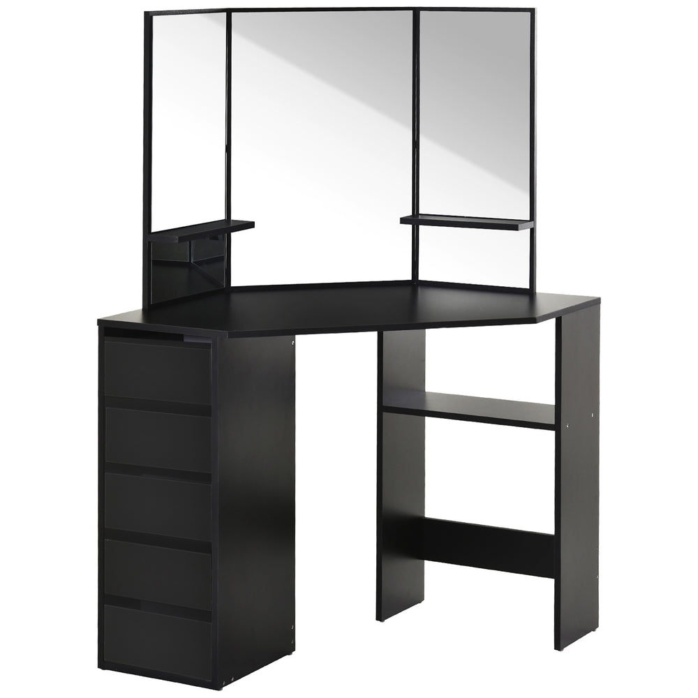 Corner dressing table with 5 drawers and open shelves, 3-piece mirror, black