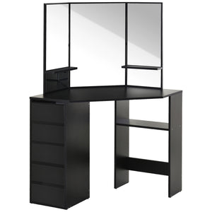 Corner dressing table with 5 drawers and open shelves, 3-piece mirror, black