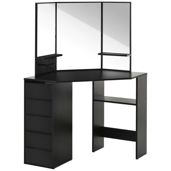 Corner dressing table with 5 drawers and open shelves, 3-piece mirror, black