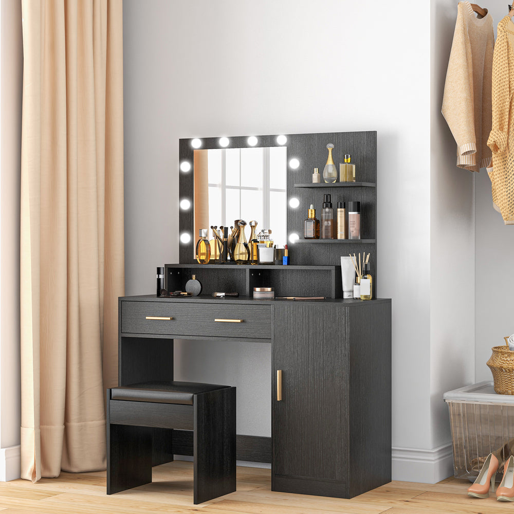 LED Lighted Dressing Table with Stool, Drawer and Shelves, Black 