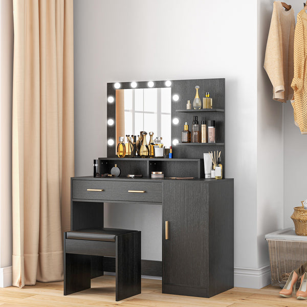 LED Lighted Dressing Table with Stool, Drawer and Shelves, Black 