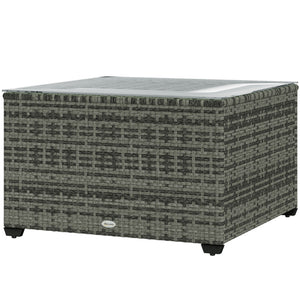 24.4" Patio Wicker Coffee Table, PE Rattan Outdoor Side Table with Tempered Glass Top, Light Grey