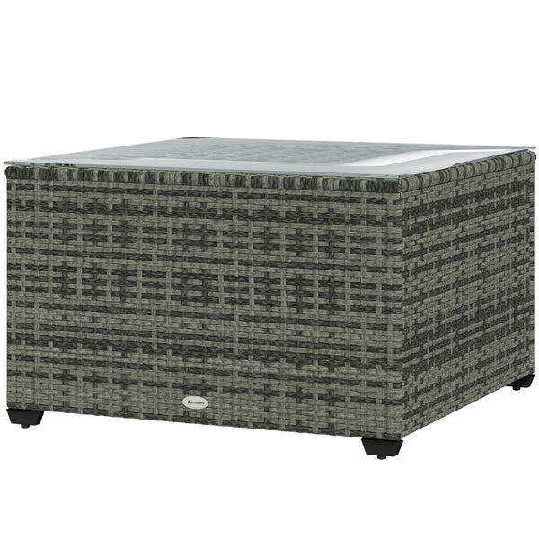 24.4" Patio Wicker Coffee Table, PE Rattan Outdoor Side Table with Tempered Glass Top, Light Grey