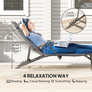 Set of 2 folding deck chairs with cushion, for terrace, garden, beach, gray