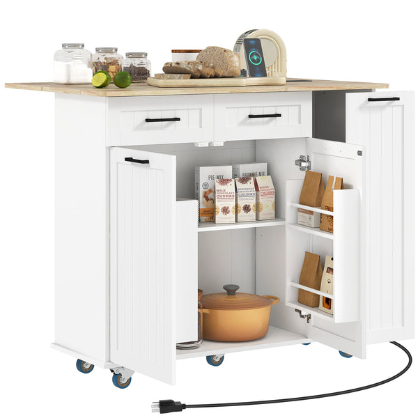White mobile kitchen island with fold-down countertop, electrical outlets and storage