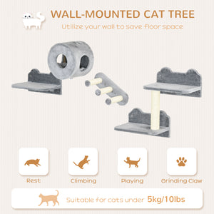 Wall-mounted cat shelves with a hideaway, cushion, scratching post and jumping platform, grey