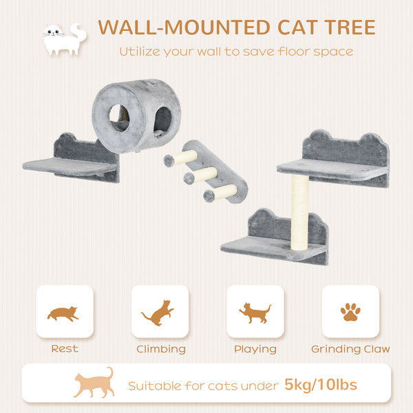 Wall-mounted cat shelves with a hideaway, cushion, scratching post and jumping platform, grey