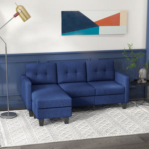 3-seater L-shaped corner sofa with ottoman, thick cushion and wooden legs, dark blue