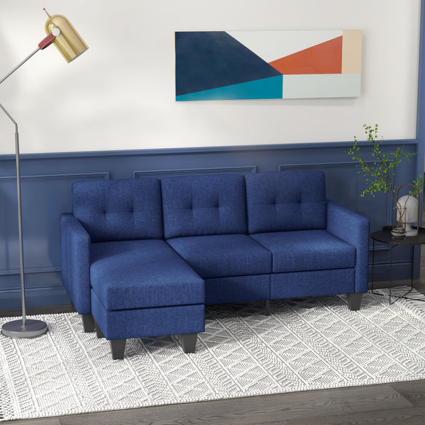 3-seater L-shaped corner sofa with ottoman, thick cushion and wooden legs, dark blue