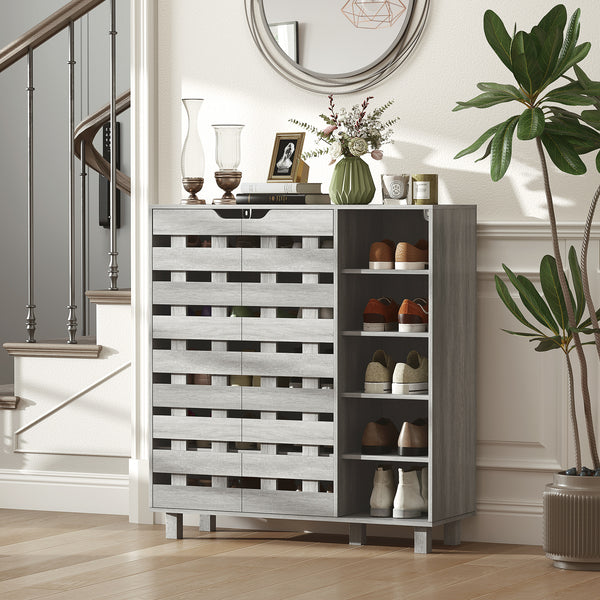 21 Pair Shoe Cabinet with 5 Tier Double Door Cabinet, Light Grey