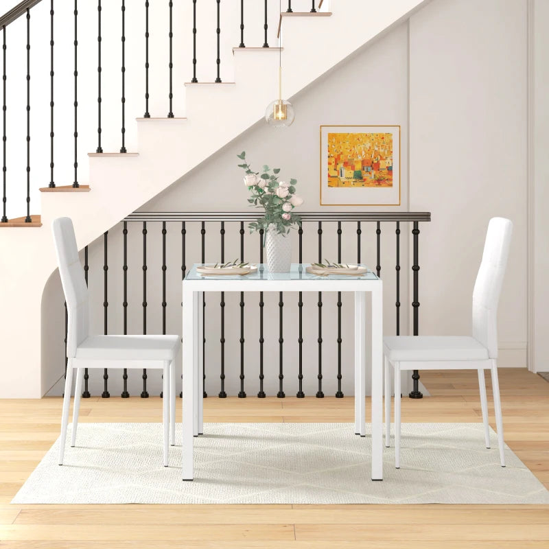 Glass Dining Table and Chair Set with Metal Frame and Faux Leather Upholstery, White