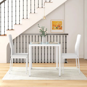 Glass Dining Table and Chair Set with Metal Frame and Faux Leather Upholstery, White