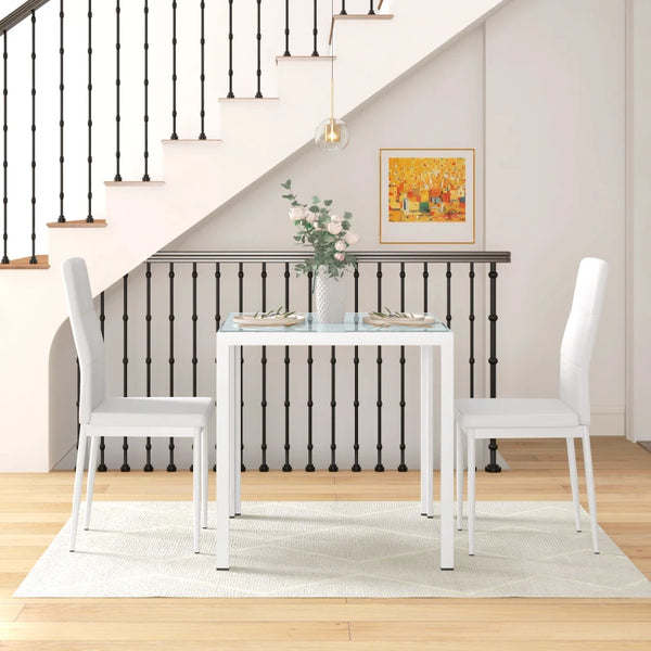 Glass Dining Table and Chair Set with Metal Frame and Faux Leather Upholstery, White