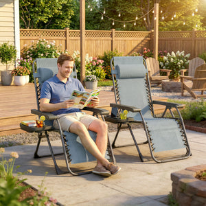 Set of 2 Zero Gravity Outdoor Lounge Chairs, Folding and Reclining, with Cup Holder and Headrest, Light Grey