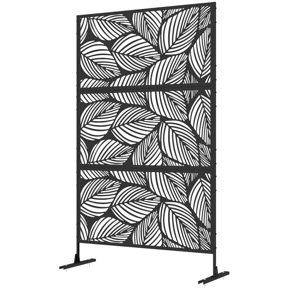 Decorative outdoor metal screen with stand, leaf pattern, black