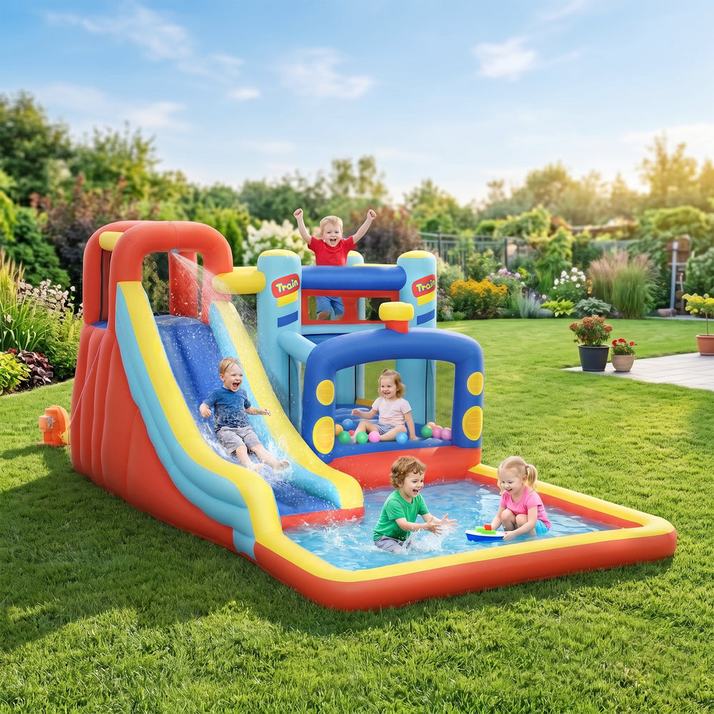 Qaba 14.3 x 8FT Inflatable Bounce House, 4-in-1 Bouncy Castle with Slide, Climbing Wall, Jumping Area, Pool, and Blower