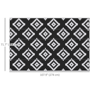 Reversible Outdoor Patio Rug, 6' x 9' Plastic Straw Mat for Garden, Patio, Beach, Camping, Black and White