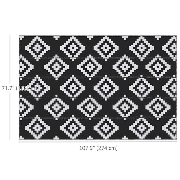 Reversible Outdoor Patio Rug, 6' x 9' Plastic Straw Mat for Garden, Patio, Beach, Camping, Black and White