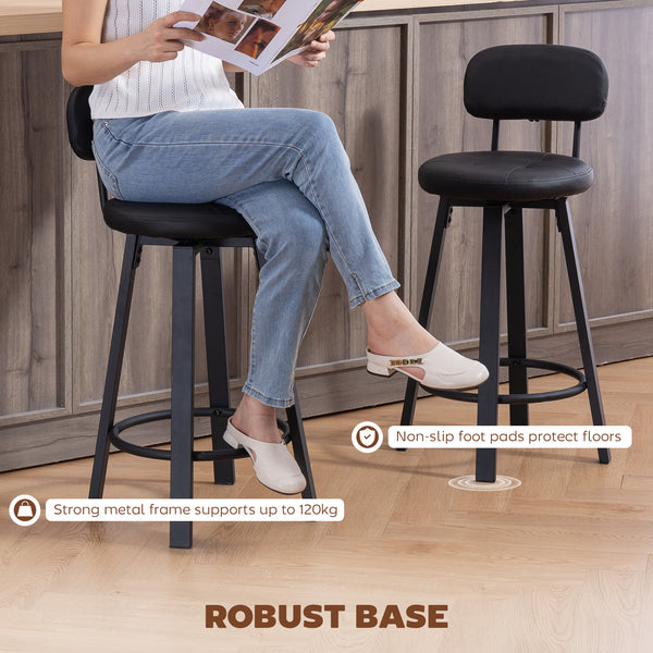 Set of 2 upholstered bar stools with footrest and backrest for kitchen counter, black