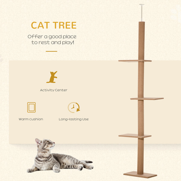 254cm Floor-to-Ceiling Cat Tree with 3 Perches, Light Brown
