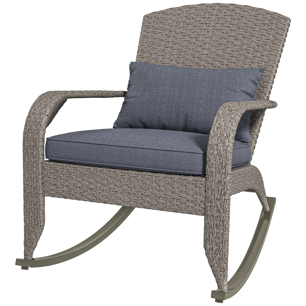 Outdoor Wicker Rocking Adirondack Chair with High Back and Seat Cushion, Gray